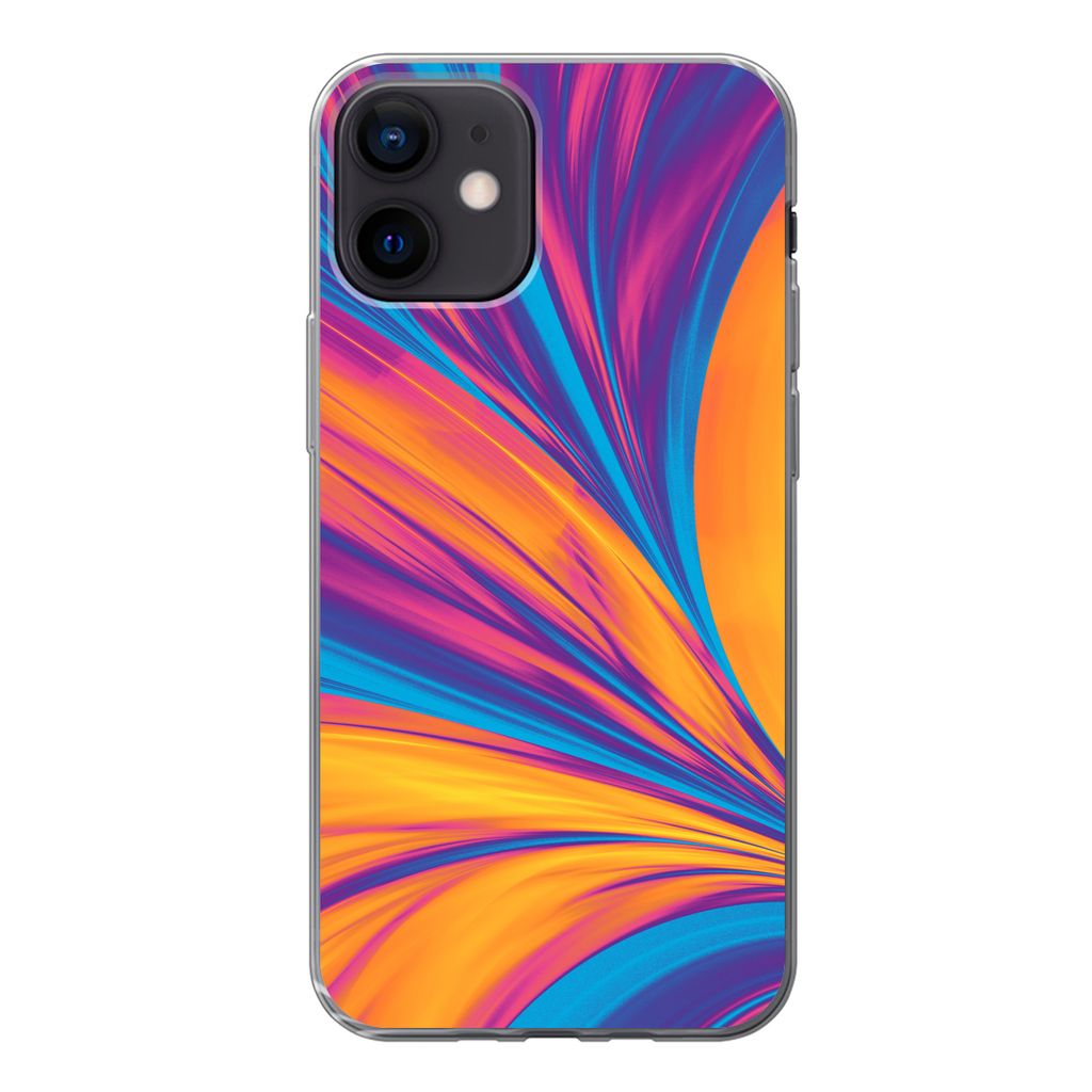 MuchoWow Handyhülle Schutzhülle Hülle für iPhone 12 Federn - Regenbogen - Neon - Abstrakt Silikon Softcase Handy Hülle - Schutzhülle
