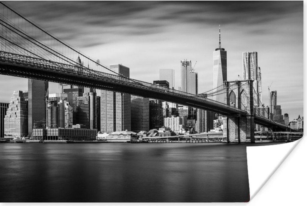 MuchoWow Poster Architektur - New York - Brooklyn Bridge - Wasser - Schwarz und weiß 30x20 cm - Plakate - Print