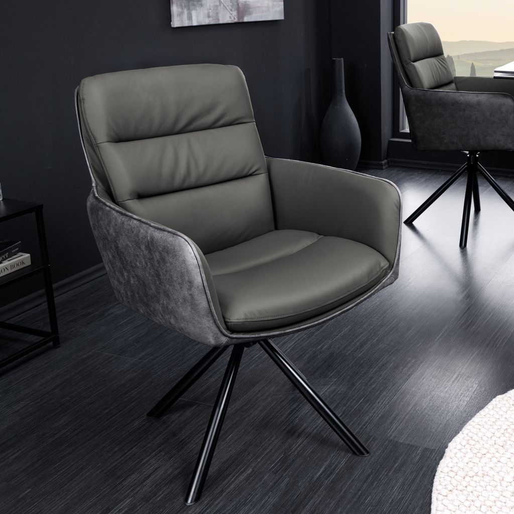 riess-ambiente Drehbarer Stuhl BIG GEORGE grau Echtleder Microfaser mit Armlehne schwarze Metallbeine Drehstuhl Konferenzstuhl Esszimmerstuhl Esstuhl