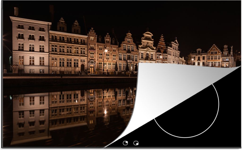 KitchenYeah Herdabdeckplatte Architektur - Spiegelung - Nacht - Gent , 76x51cm, Küche Deko, Glaskeramikfeld Herdabdeckung, Abdeckplatte fùr Koc...