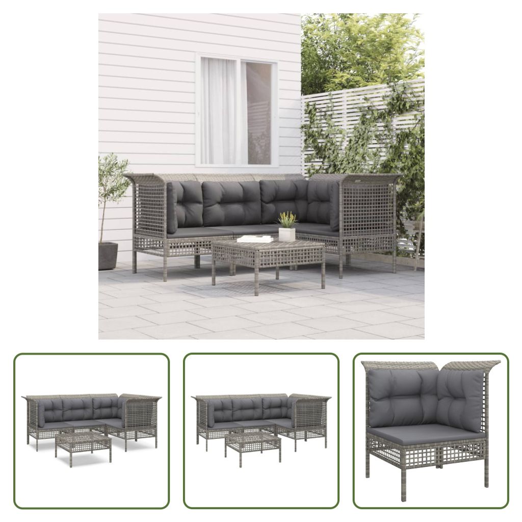 The Living Store 5-tlg. Garten-Lounge-Set mit Kissen Grau Poly Rattan