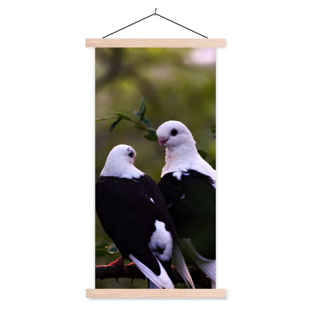 MuchoWow Textilposter Vögel - Zweig - Blätter 40x80 cm mit holzfarbenen Rahmen - Wohnzimmer