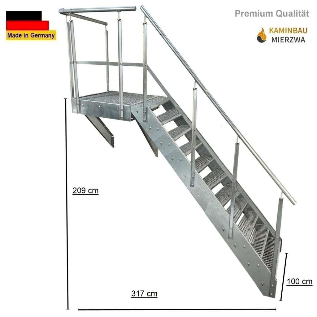 Podesttreppe Wangen- Stahltreppe 11 Stufen Höhe 209cm inklusive Podest 100x100cm mit Geländer Verzinkt / Ausrichtung Treppe Rechts / Aussentreppe
