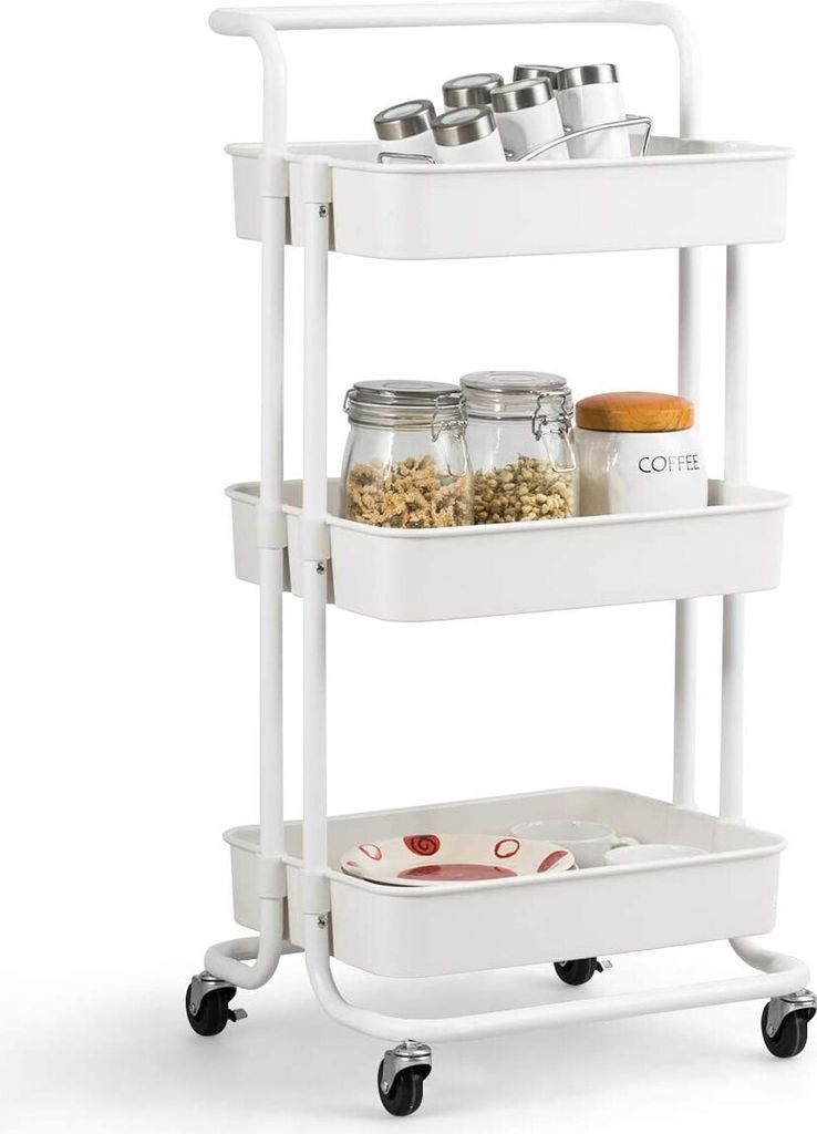 Rollwagen Beistellwagen mit 4 Rollen, Küchewagen Aufbewahrungswagen mit Griff, Badwagen mit 3 Ablageflaeche (Weiss)