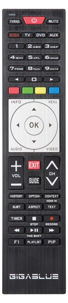 A black remote control with various buttons and labels.