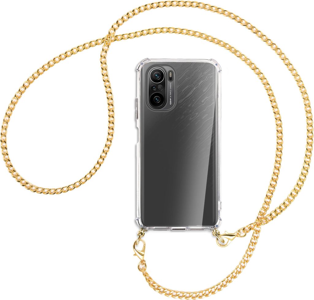 Handykette Backcover-Schutzhülle mit Band (Metall goldfarben) für Xiaomi Mi11i / Poco F3 (Pro), Redmi K40 - goldfarbene Kette