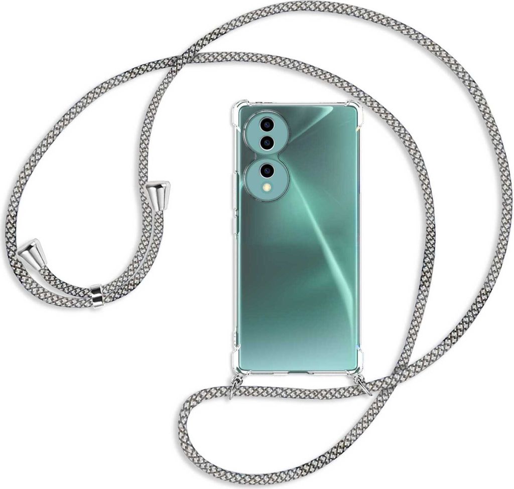 Handykette Backcover-Schutzhülle mit Band (Metall silberfarben) für Honor 70 5G (FNE-AN00, 6.67'') - weiß/grau kariert