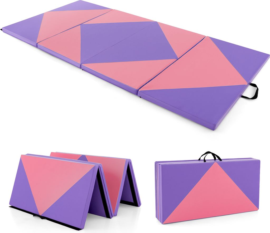 A multi-panel gymnastics mat is shown in various folded and unfolded states against a white background.