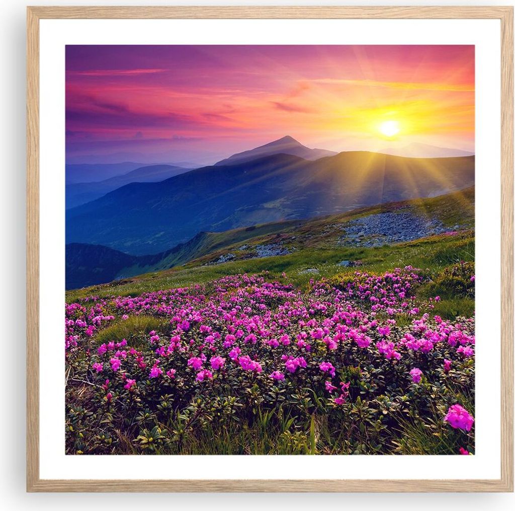 Gerahmtes Poster - Rahmen in heller Eiche - Wiese Berge Landschaft - 60x60 cm - Wand Bild - Wanddeko - Wandbilder - Wandposter - Bilderrahmen - Bil...