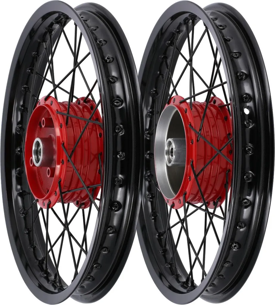 Roues Simson 16 pouces avec rayons noirs et moyeux rouges laqués