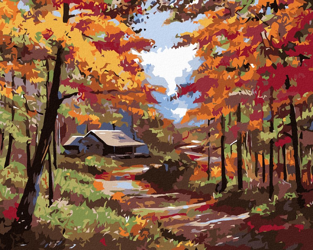 Diamondi - Diamond painting - HÜTTE IM HERBSTWALD, 40X50 cm, mit Keilrahmen (bereits gespannt)