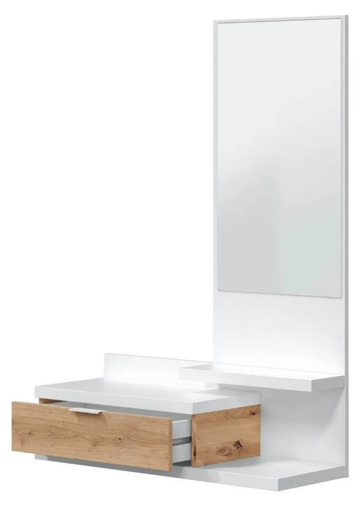 Console murale chêne et blanc DHALIA avec grand tiroir et miroir