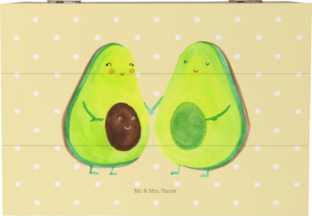 Mr. & Mrs. Panda Kiste Avocado Pärchen 22 x 15 cm - Gelb Pastell - Geschenk, Avocados, Box, Geschenkbox, fotobox, Liebe, Familie, Holzkiste mit De...