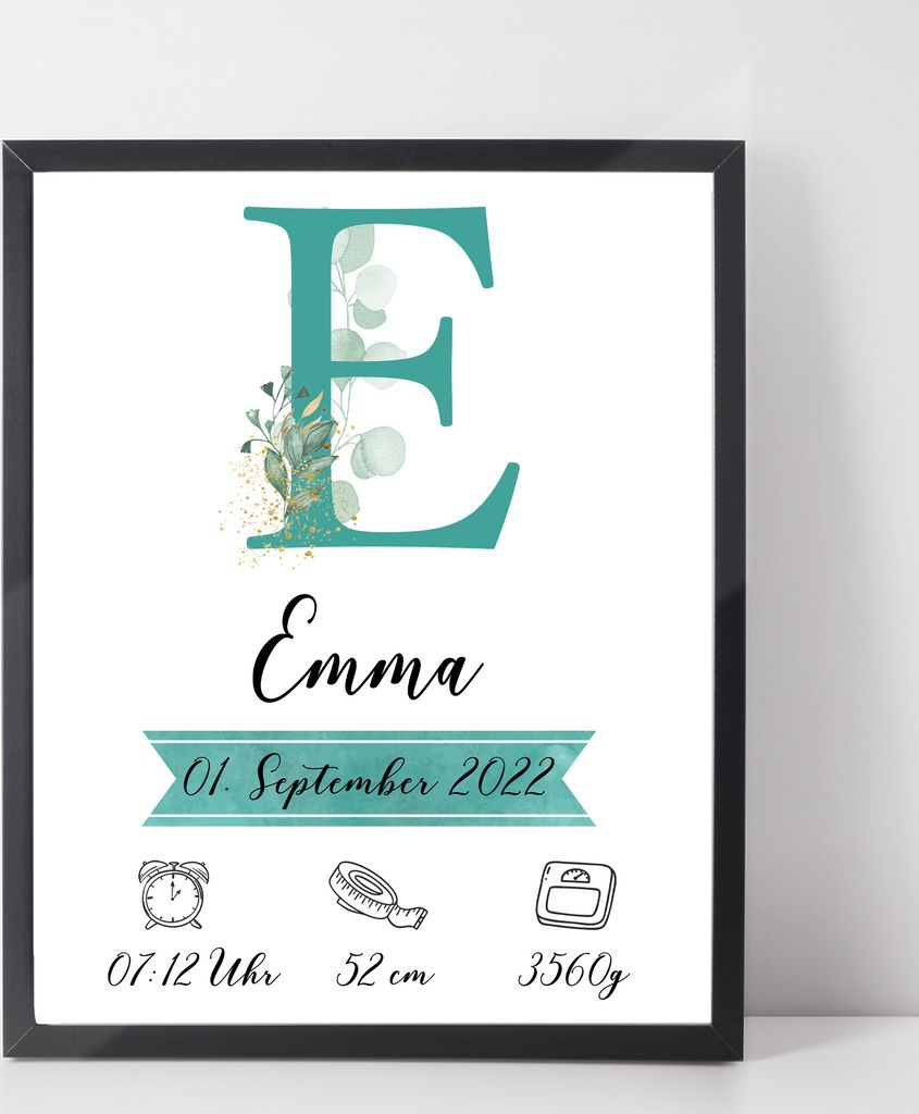 Personalisiertes Geburtsposter Name Uhrzeit Größe Gewicht | Kinderzimmer Babygeschenk | Geburt Baby Poster – A4 (21x29.7cm) / Grün / schwarzer...