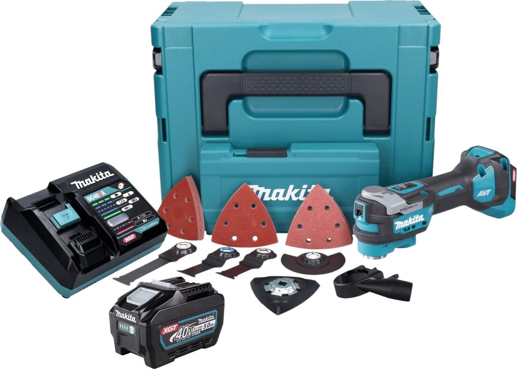 Makita TM 001 GT103 Akku Multifunktionswerkzeug 40 V max. Starlock Max Brushless + 1x Akku 5,0 Ah + 37 tlg. Zubehörset + Ladegerät + Makpac