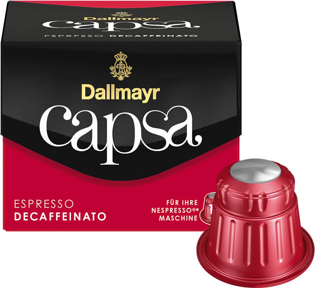 A box of Dallmayr Capsa Espresso Decaffeinato coffee capsules and one capsule.