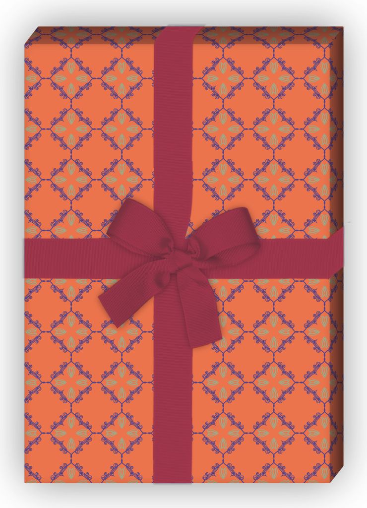 Edles Geschenkpapier Set, Dekorpapier mit Jugendstil Rauten, orange, - G8573, 32 x 48cm