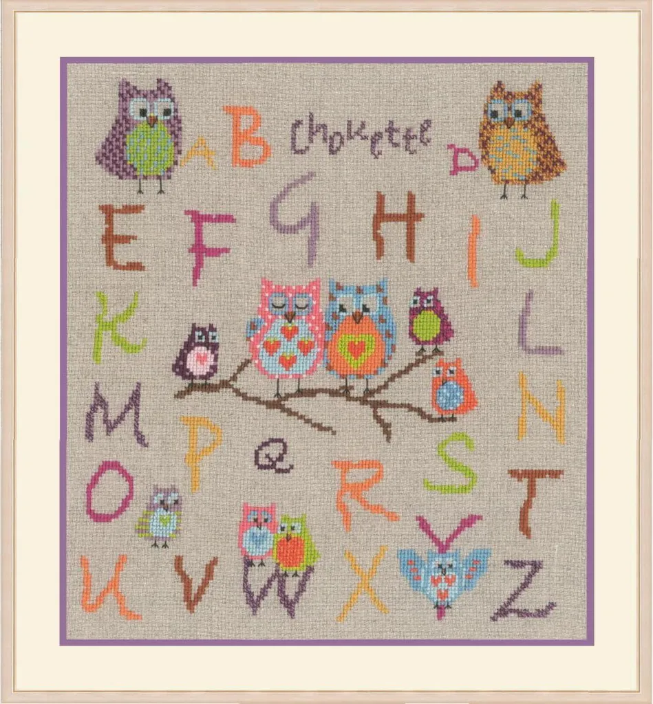 Kit broderie Alphabet hiboux avec toile de lin et fils de coton