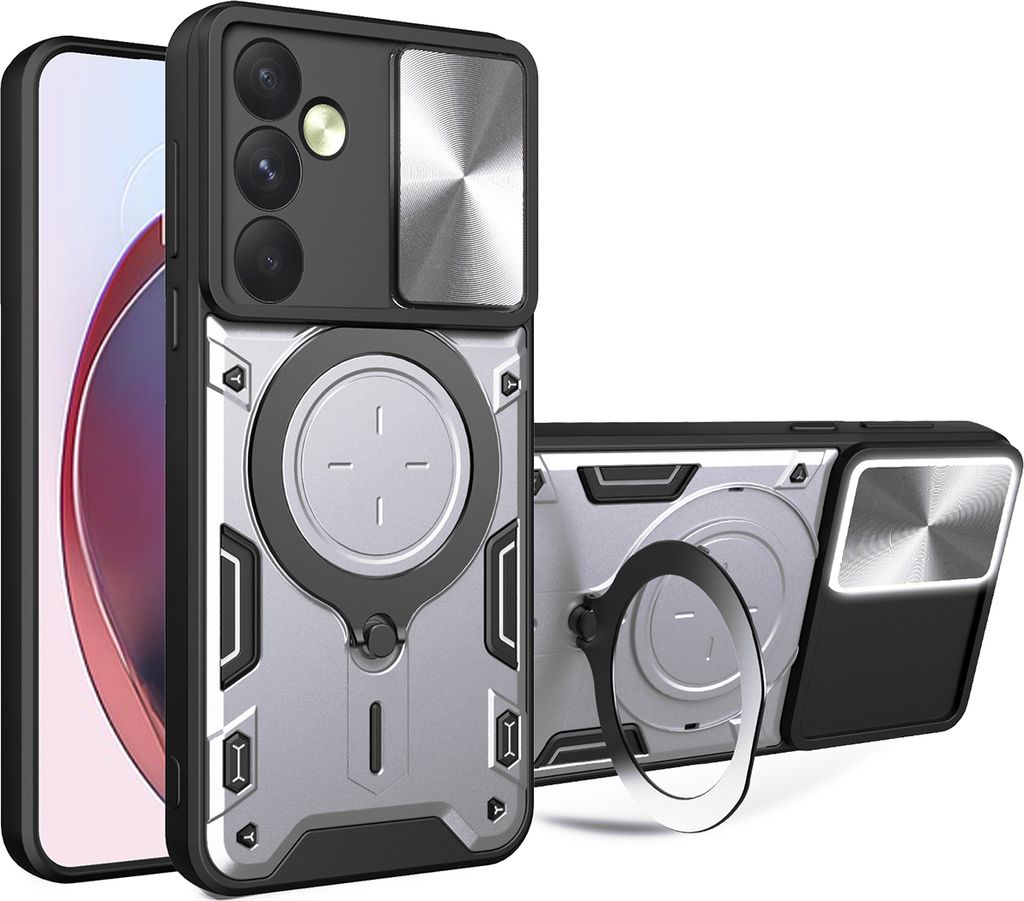 Handyhülle für Samsung Galaxy A35 5G Dual-Layer Stoßfest Rüstung Hülle mit Dia Kameraschutz und Kreisförmig Ring Ständer Silber