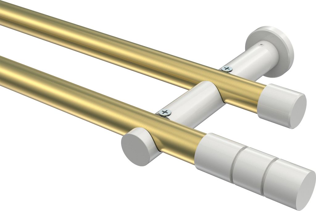 Interdeco Gardinenstange / Vorhangstange Messing-Optik / Weiß, Typ Platon Elanto (Rillenzylinder) ohne Ringe, 20 mm Ø 2-läufig, 220 cm