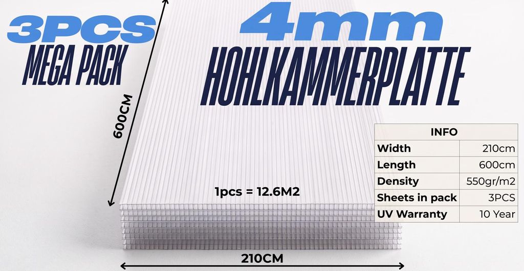 Polycarbonat 4mm 210x600cm Multipack 3 Platter Produktbild 
