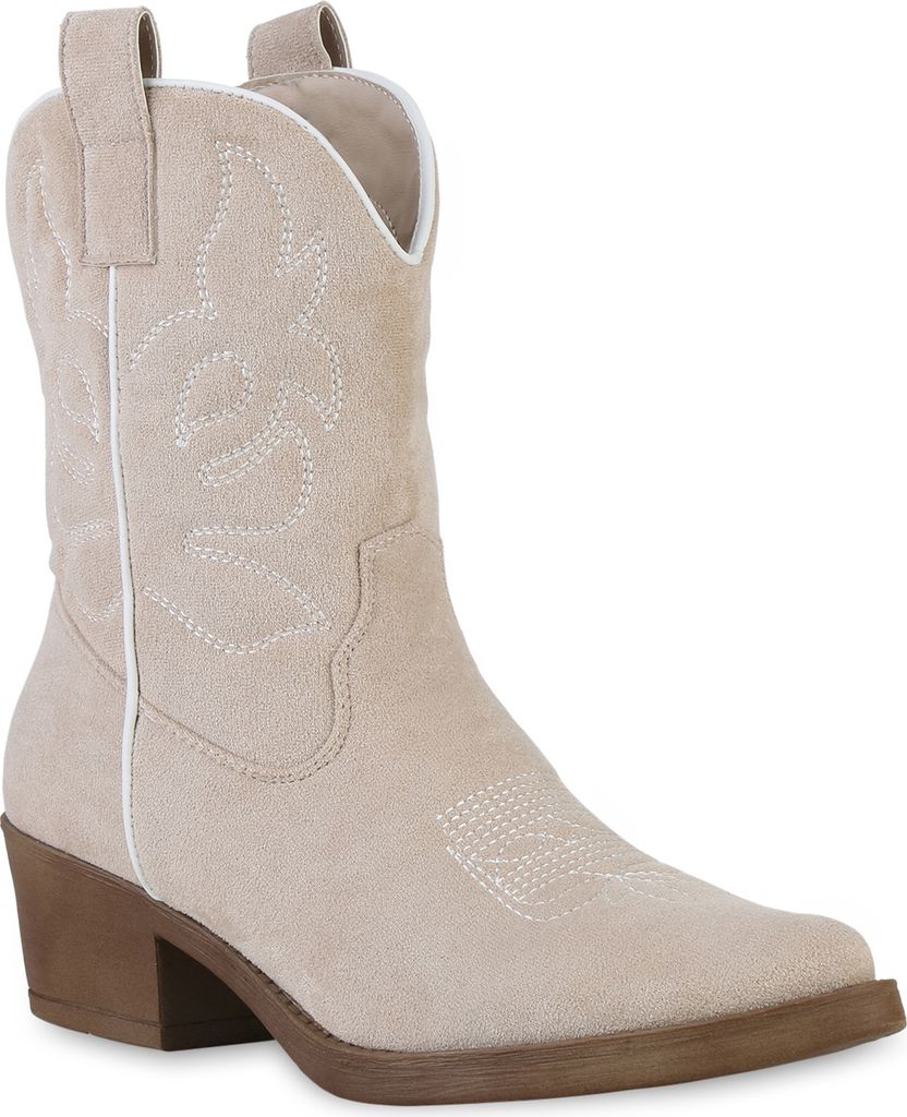 VAN HILL Damen Stiefeletten Cowboy Boots Stickereien Schuhe 840203, Farbe: Beige Velours, Größe: 37