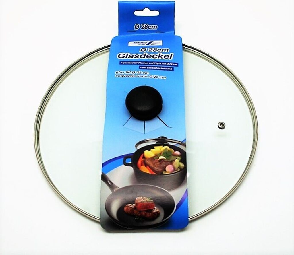Glasdeckel 28cm mit Knopf und Edelstahlrand für Topf und Produktbild 1
