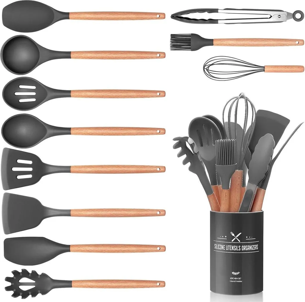 set di utensili da cucina in silicone da 12 pezzi con manico in legno e portautensili in grigio