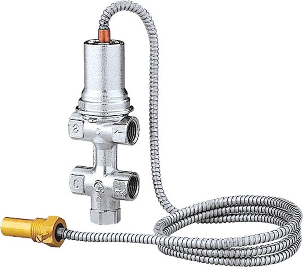 A close-up studio shot of a thermostatic mixing valve.