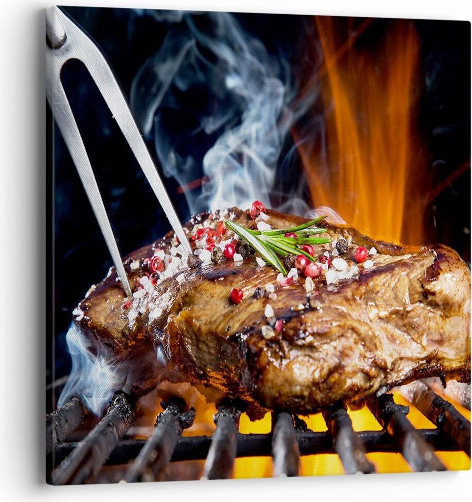 Bild auf Leinwand - Leinwandbild - Steak Grill Flammen Essen - 40x40cm - Wand Bild - Wanddeko - Leinwanddruck - Bilder - Kunstdruck - Wanddekoratio...
