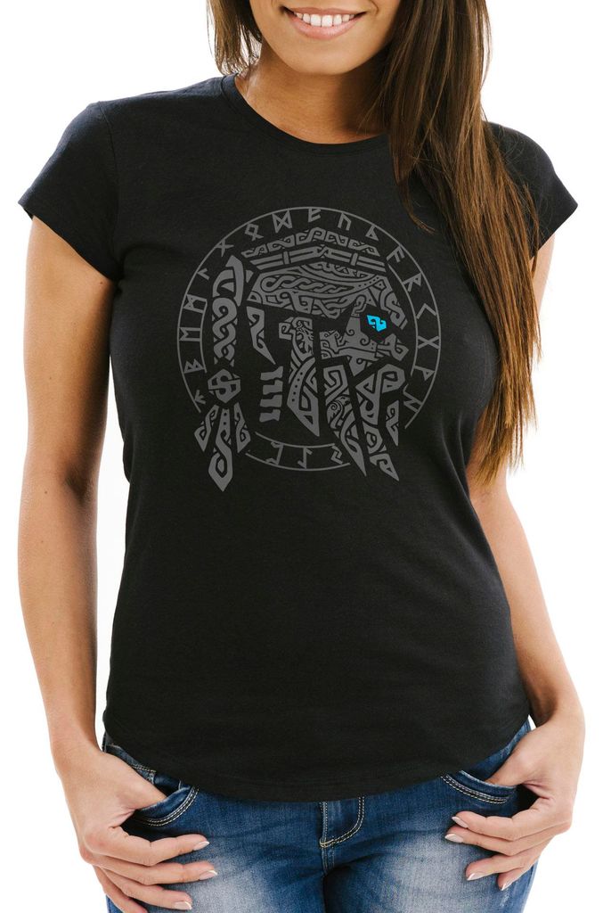 Damen T-Shirt Odin Ragnar Gott Nordisch Runen Valhalla Wikinger Frauen Mythologie Slim Fit Neverless schwarz 3XL