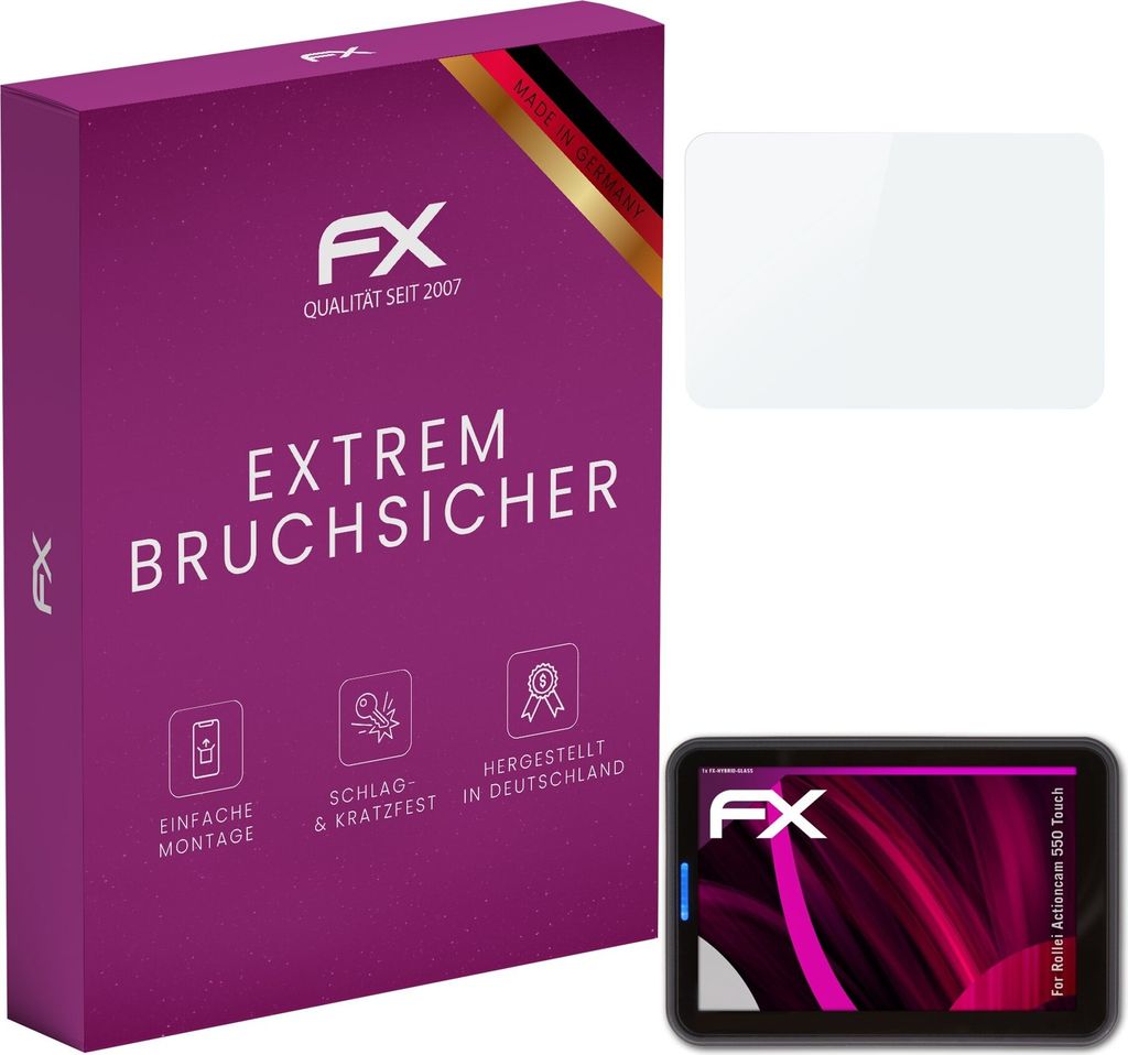 atFoliX FX-Hybrid-Glass Displayfolie kompatibel mit Rollei Actioncam 550 Touch Glasfolie