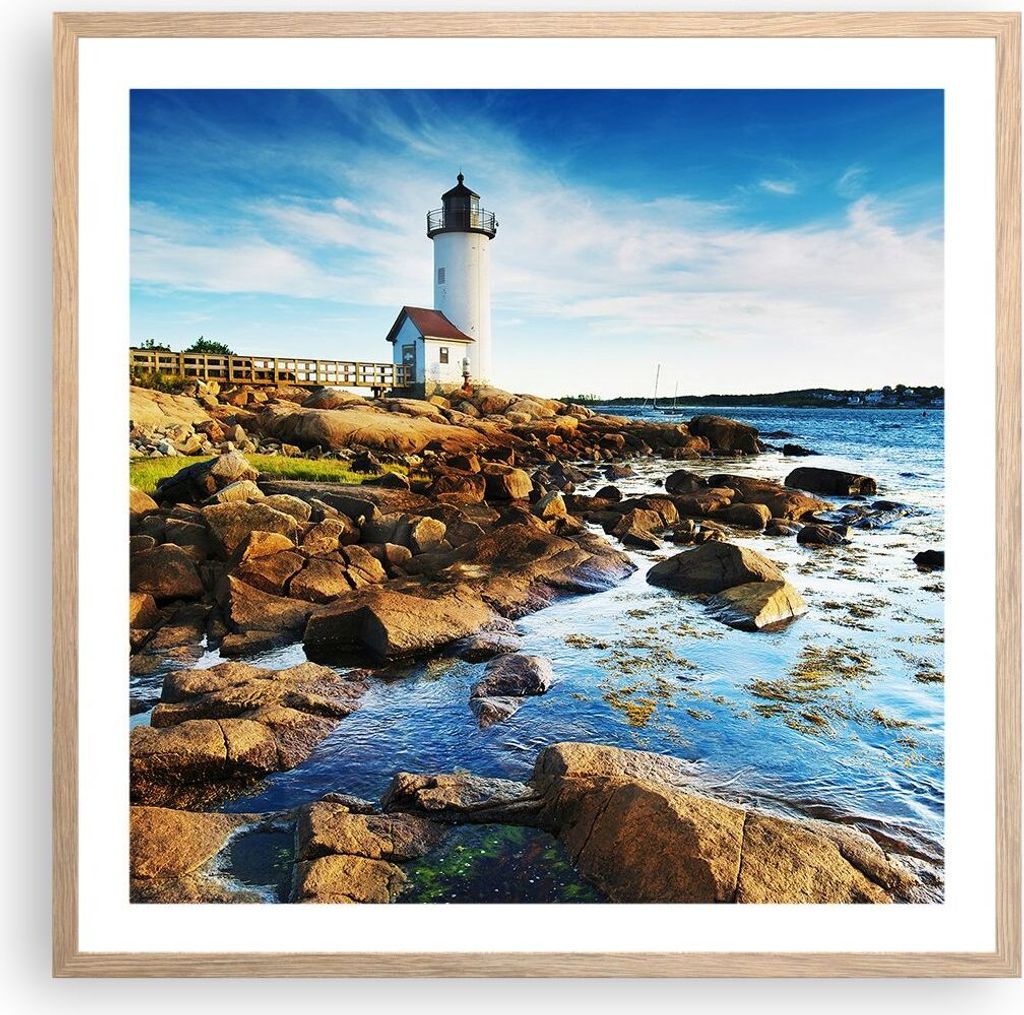 Gerahmtes Poster - Rahmen in heller Eiche - Leuchtturm Ufer Wolke Landschaft - 60x60 cm - Wand Bild - Wanddeko - Wandbilder - Wandposter - Bilderra...