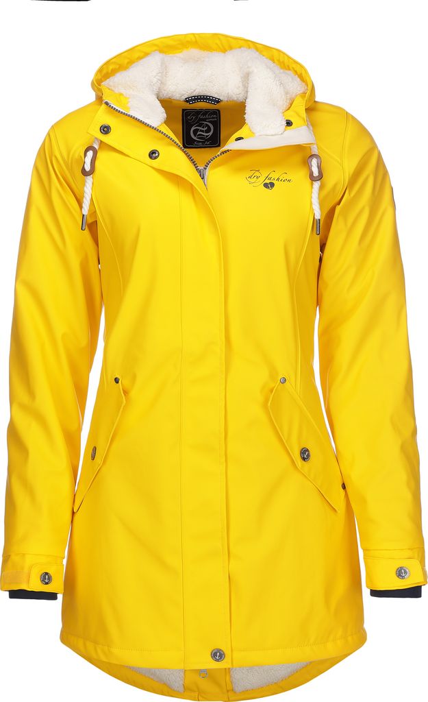 Dry Fashion Damen Regenmantel Malmö - Frauen Regenjacke Jacke mit Kapuze Lang Winddicht Wasserdicht Gefüttert mit Teddyfleece in Gelb Größe 48