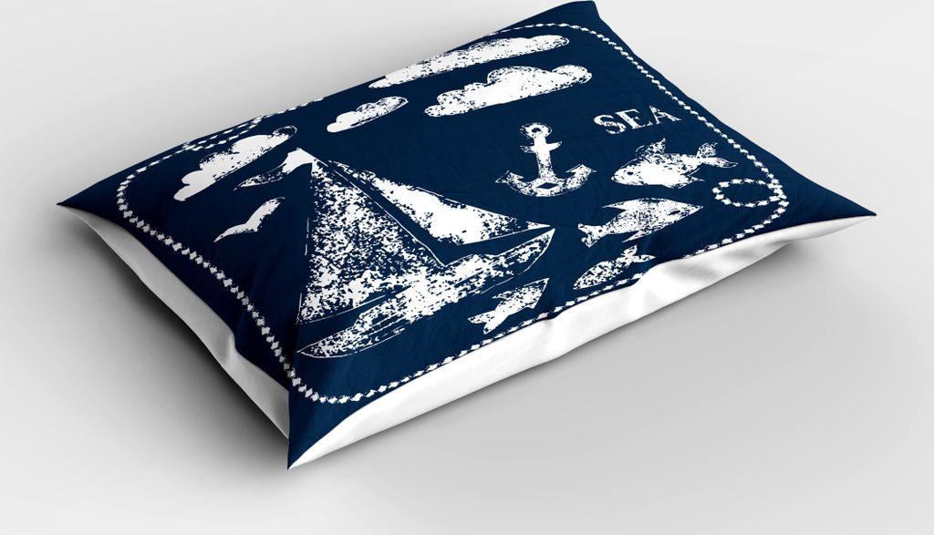 ABAKUHAUS Navy blau Kopfkissenbezug, Meer Themad Hand Druck Grunge Elemente Marine Unterwasser Yacht Cruise Collection, 40x80 cm, Weiß