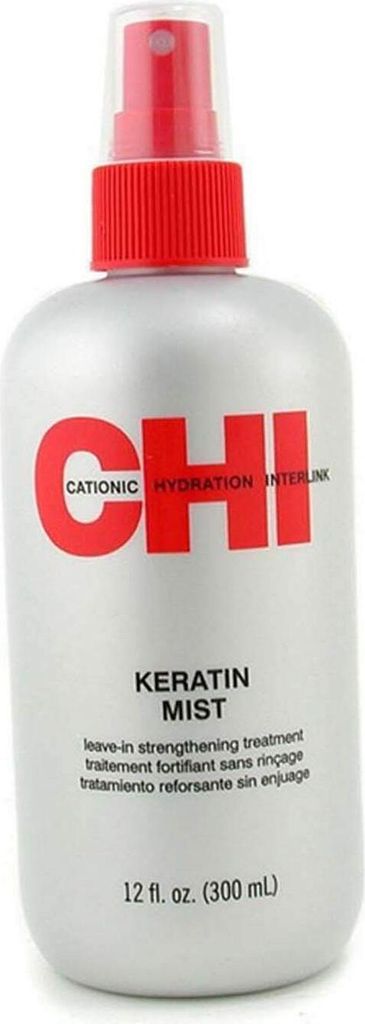 A bottle of CHI Keratin Mist hair spray.