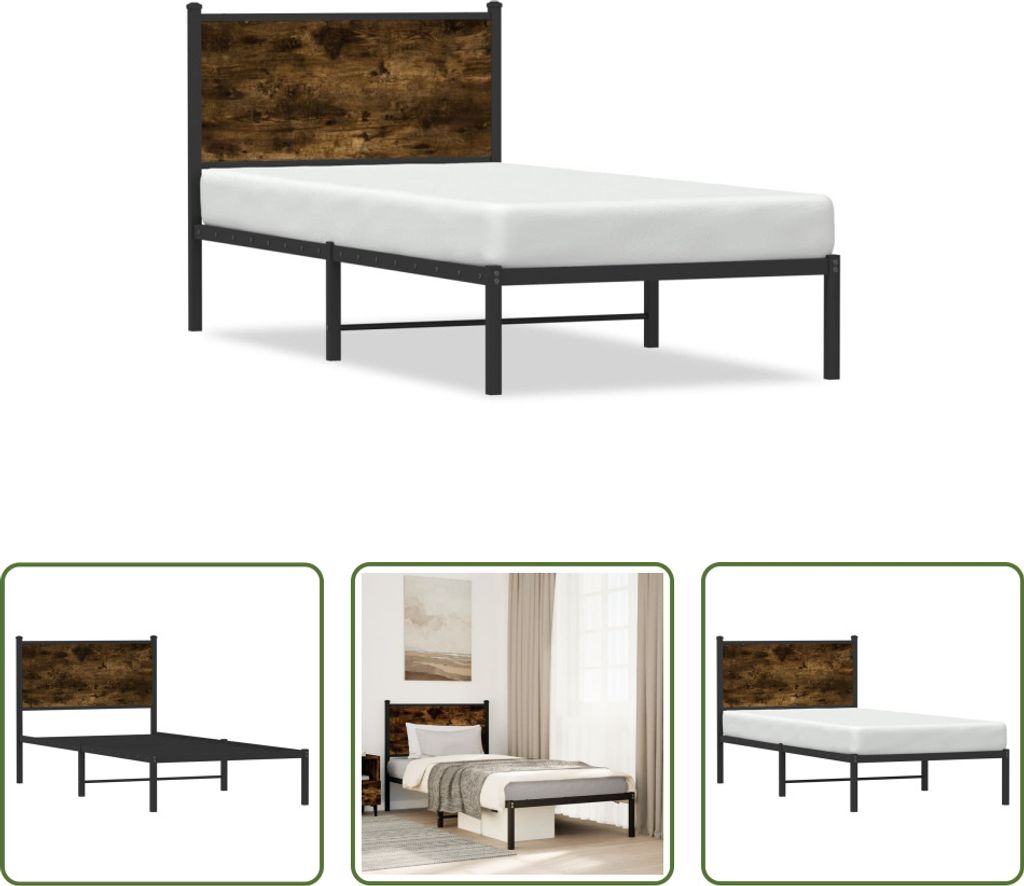 The Living Store Bettgestell mit Kopfteil Metall Räuchereiche 80x200 cm