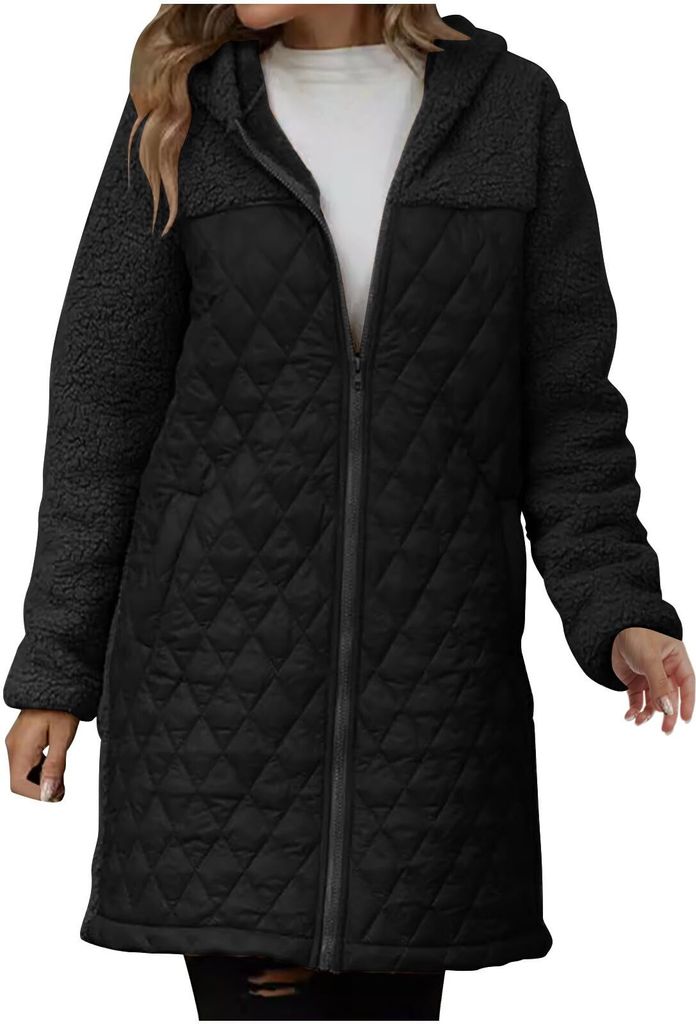 ASKSA Damen Mantel Winter Fleecejacke Lang Warm Wintermantel Daunenmantel Patchwork Winterjacke Waermemantel mit Kapuze (Schwarz,S)