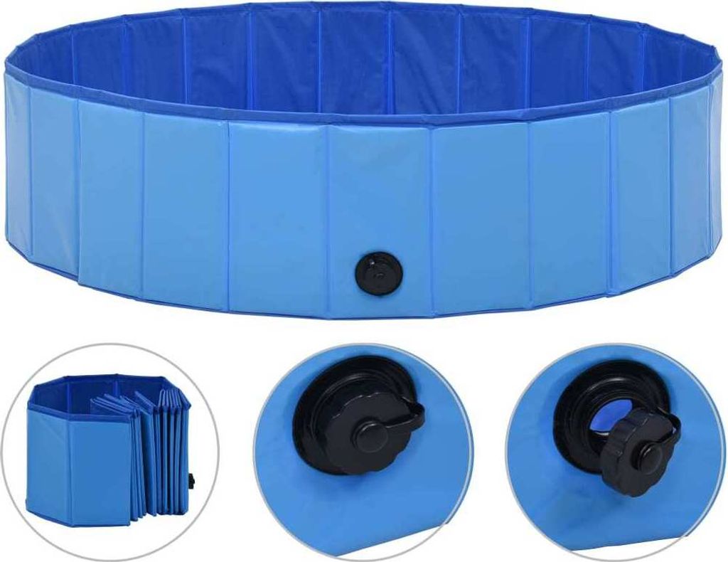 A blue foldable dog pool is shown from multiple angles, including a close-up of the drain valve.