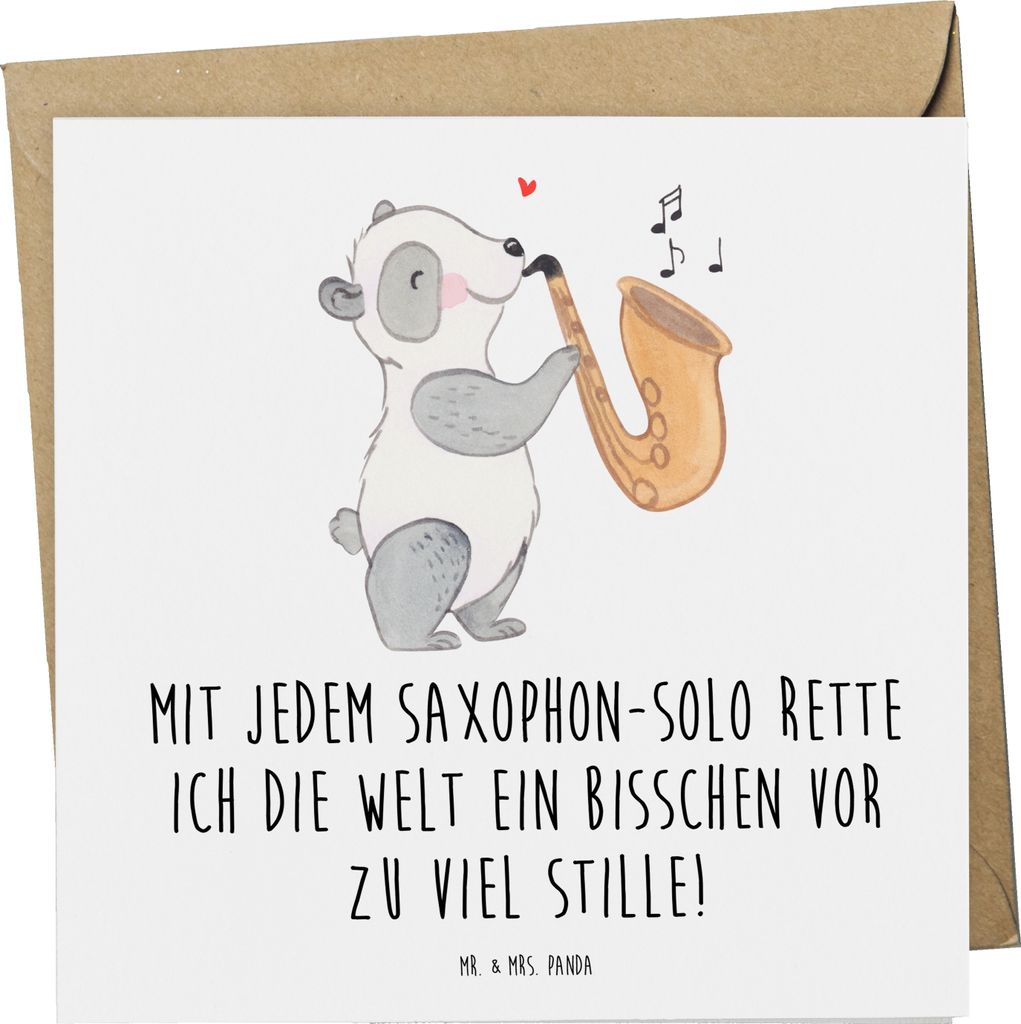 Mr. & Mrs. Panda Klappkarte Saxophon Magie - Weiß - Geschenk, Grußkarte, Instrument, Musiker, Stille, Glückwunschkarte, faltkarte, doppelkarte, ...