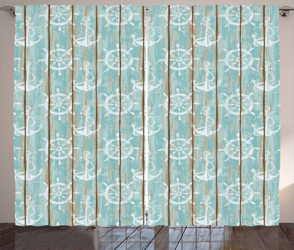 ABAKUHAUS Nautisch Rustikaler Gardine, Marine Elemente Holz, Schlafzimmer Kräuselband Vorhang mit Schlaufen und Haken, 280 x 225 cm, Türkis Weiß...