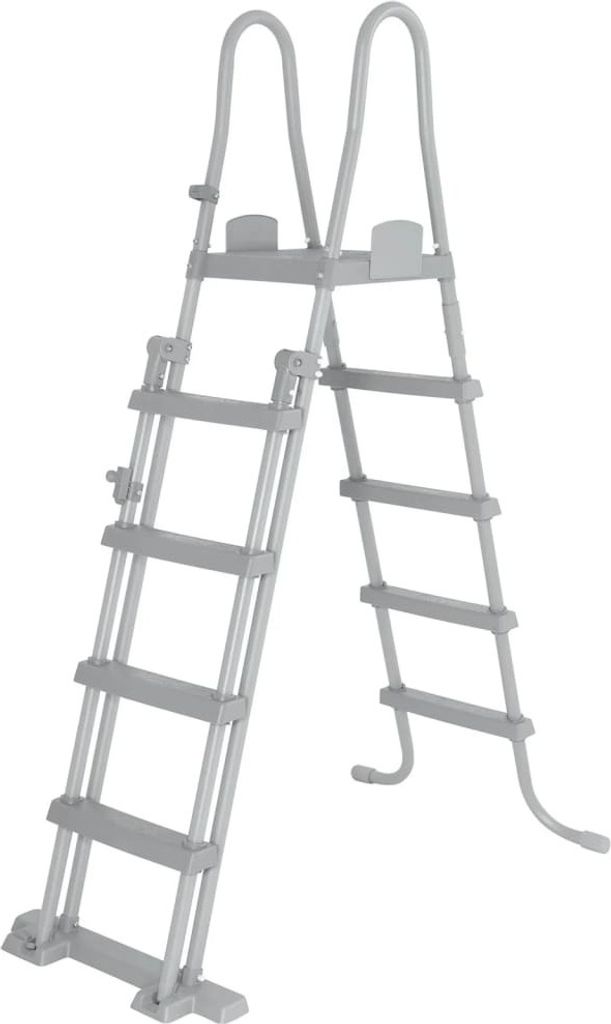 A gray plastic pool ladder with four steps is shown against a white background.