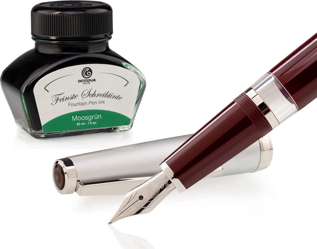 Füllhalter Set Cleo Skribent Classic Metall Bordeaux, Kolben-Füllhalter und 30 ml Tinte Grün