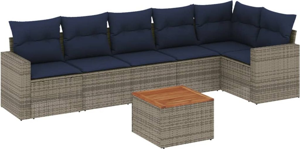 7-tlg. Garten-Sofagarnitur mit Kissen Grau Poly Rattan