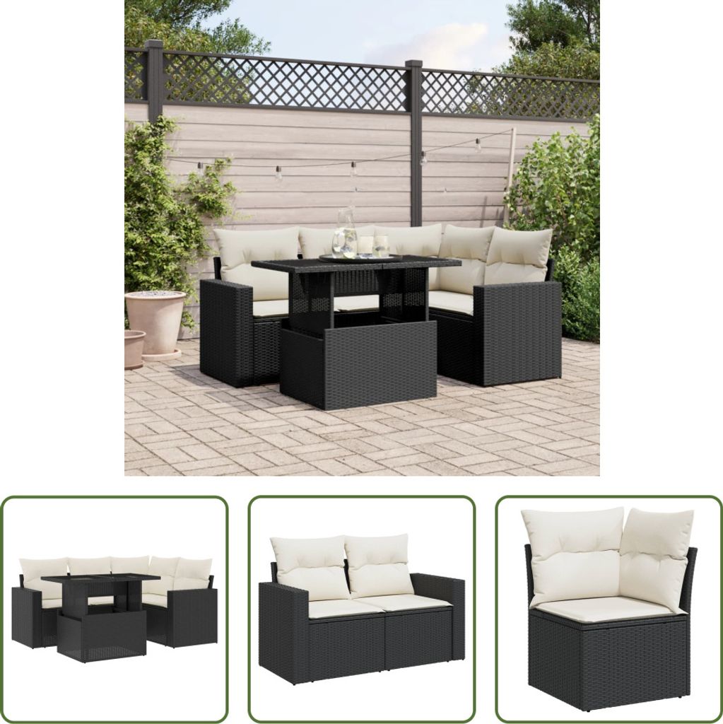 The Living Store 5-tlg. Garten-Sofagarnitur mit Kissen Schwarz Poly Rattan
