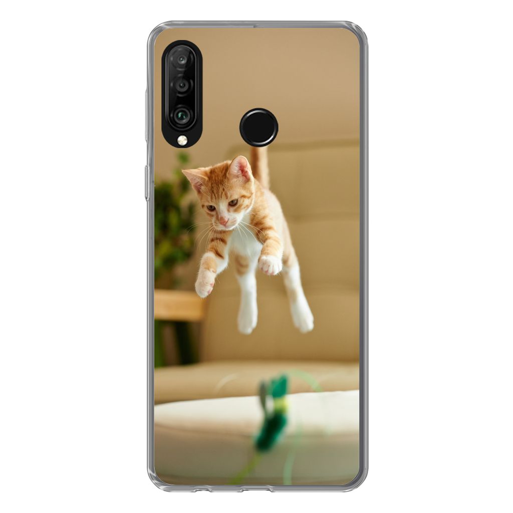 MuchoWow Handyhülle Schutzhülle Hülle für Huawei P30 Lite Katze - Springen - Spielzeug Silikon Softcase Handy Hülle - Handyhülle