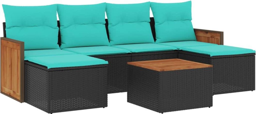 7-teiliges Gartensofa-Set mit Kissen, schwarzes Polyrattan