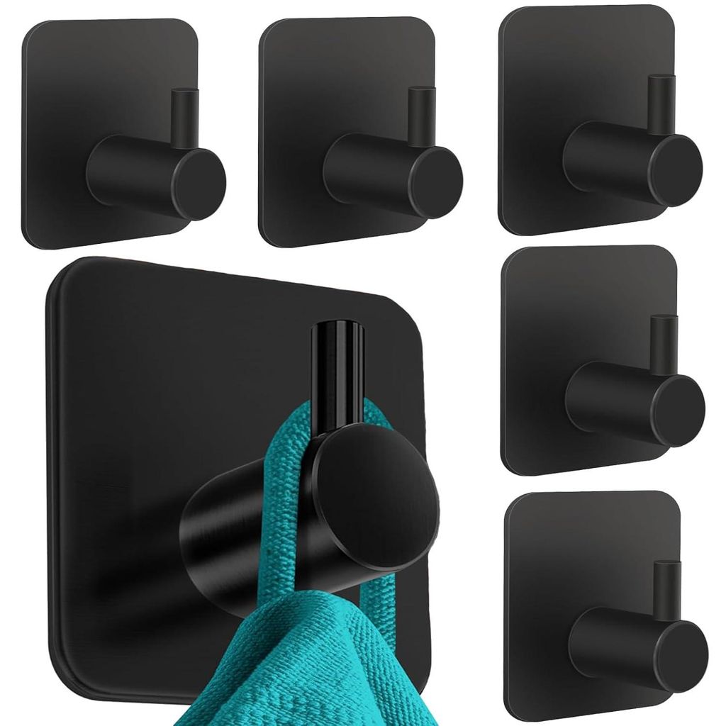 Bohrfreie Handtuchhalterung, 6er-Set, schwarz - Edelstahl, selbstklebende Haken für Bad, Schlafzimmer, Küche, funktionale selbstklebende Haken, h...