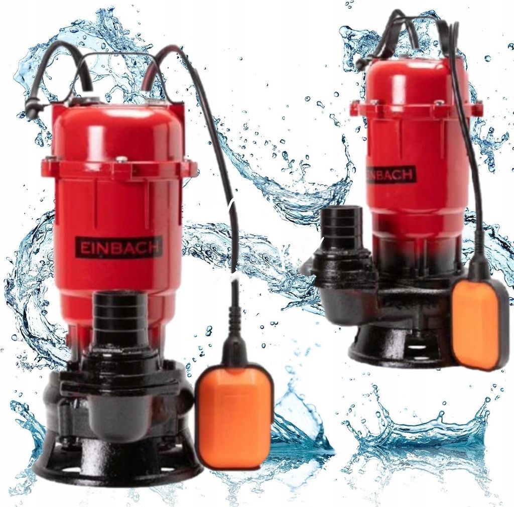 Two red and black submersible pumps with orange float switches are shown against a white background with water splashes.