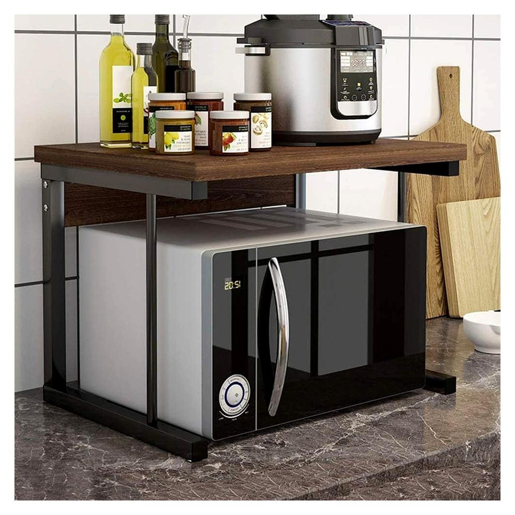 Zweistöckiger Mikroständer mit Metallrahmen, robustes Küchenregal aus Holz für Mikrowellen, Toaster und Bäckerregal, platzsparende Küchenarbe...